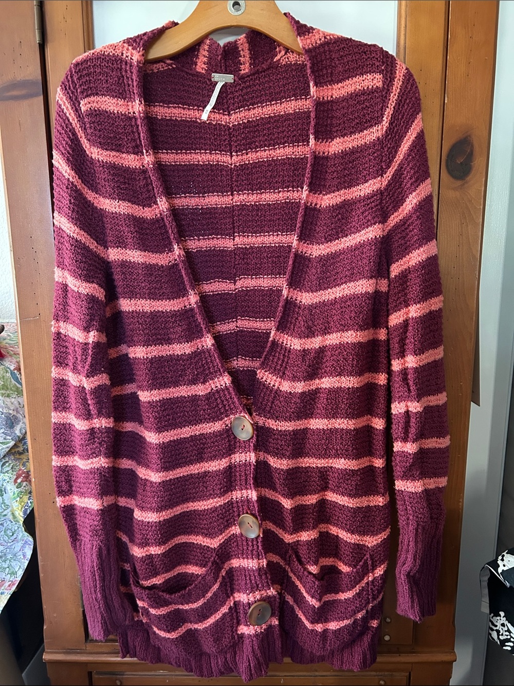 Free people Beach Striped Open-Front Cardigan Sweater in Burgundy and Pink